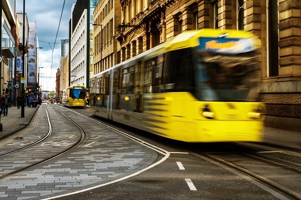 Yellow tram blurred