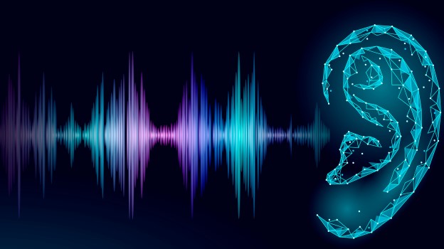 Graphic computer-generated ear listening to a sound wave