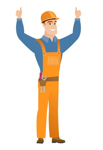 Builder with thumbs up graphic