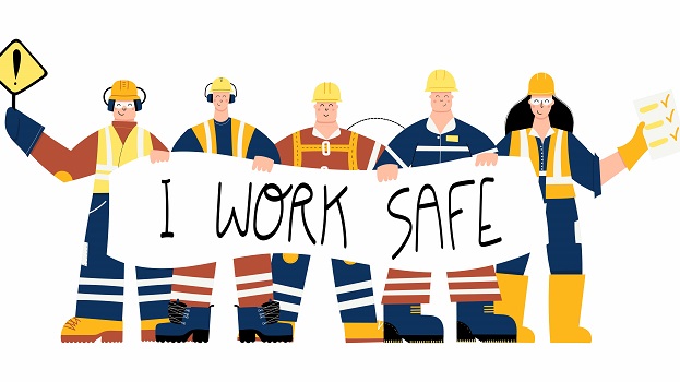 Graphic of frontline workers holding a sign that says 'I work safe'