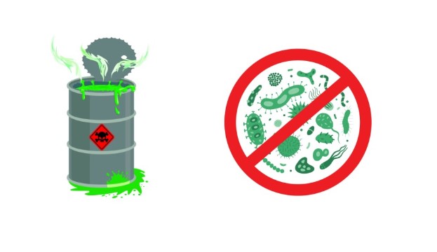 Graphic image of a barrel of toxic chemicals and a no symbol over bacteria occupational hygiene health