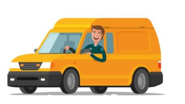 Graphic of smiling man driving a yellow van