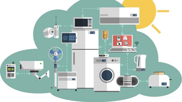 Graphic of connected household items and technology representing the internet of things