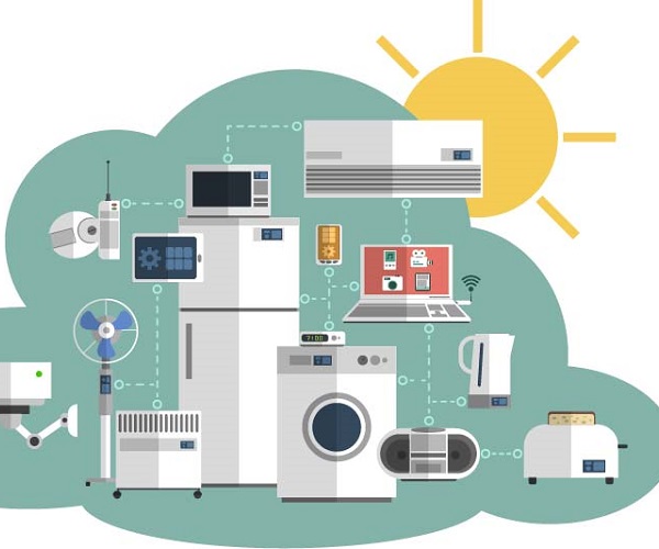Graphic of connected household items and technology representing the internet of things