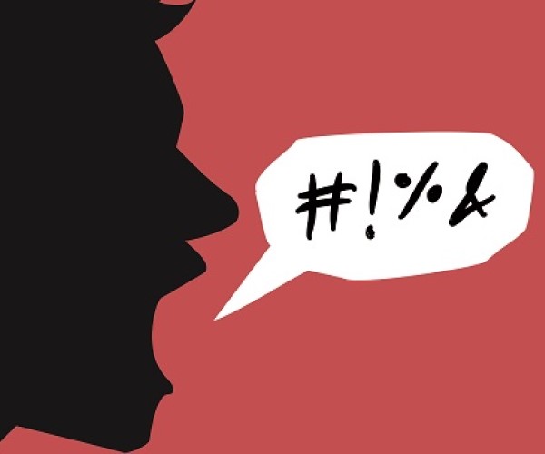 graphic of a man's silhouette with a swearing speech bubble