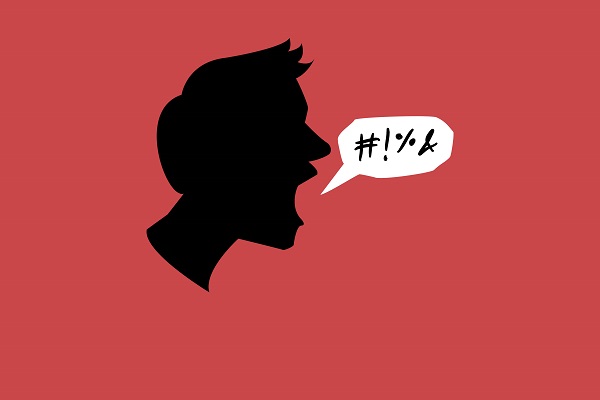 graphic of a man's silhouette with a swearing speech bubble