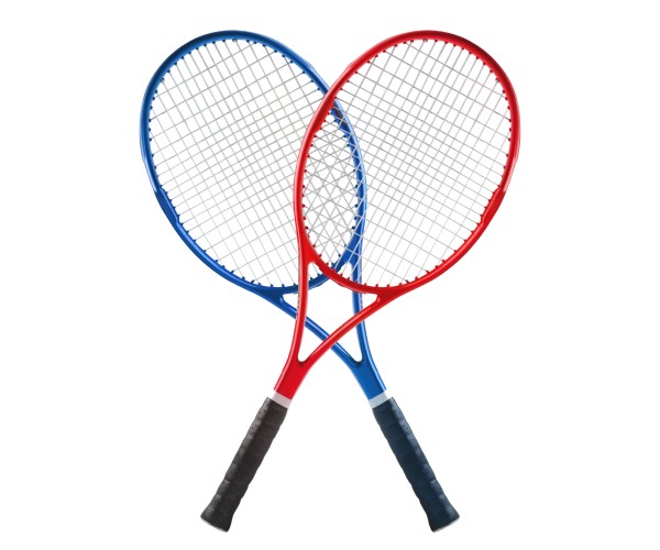 blue and red tennis racquets crossed over each other