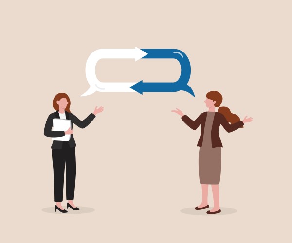 graphic of two women having a two-way conversation and listening to feedback and questions