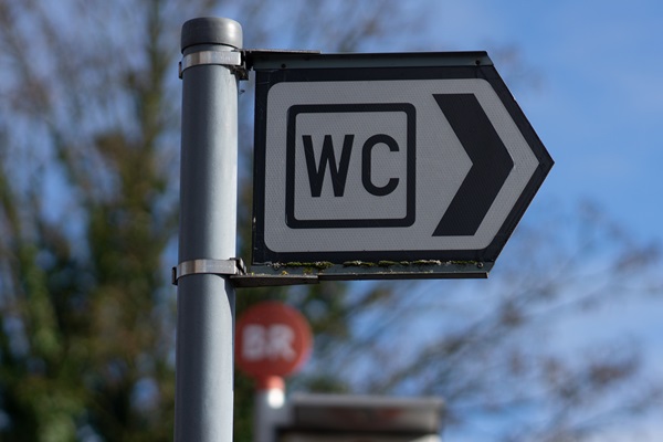 WC sign with a right arrow on a pole outdoors.