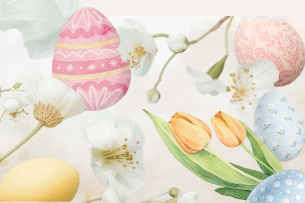 Easter and spring imagery of flowers and eggs