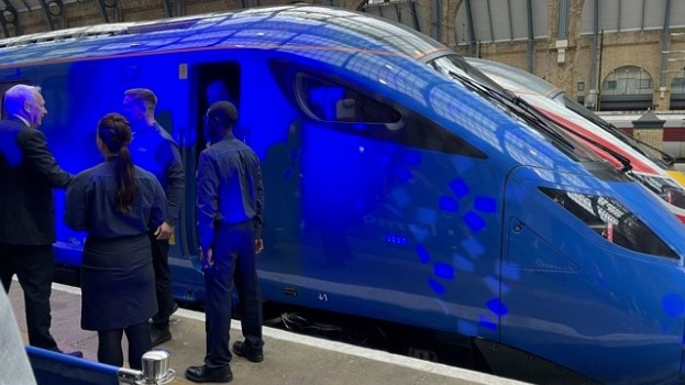 Side view of a Lumo train driver's cab during Lumo's launch at King's Cross station in October 2021