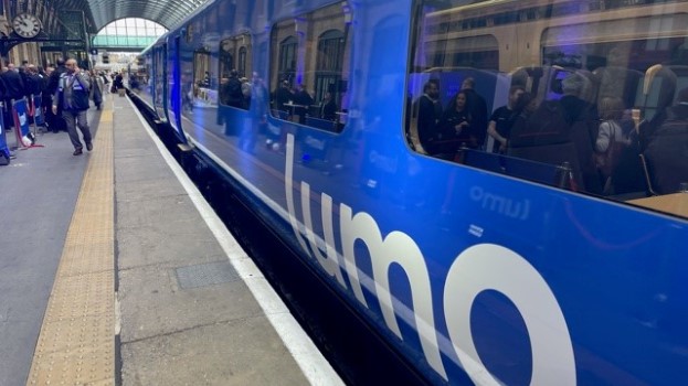 A Lumo train and King's Cross station during the launch of Lumo in October 2021