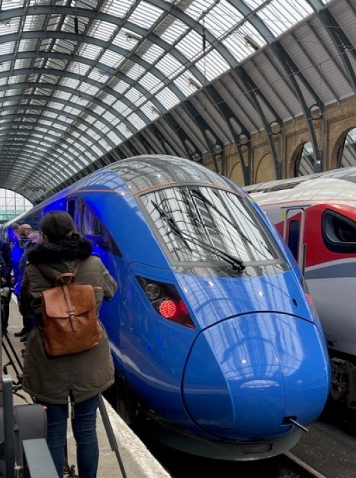 Front of a Lumo train during Lumo's launch at King's Cross station in October 2021