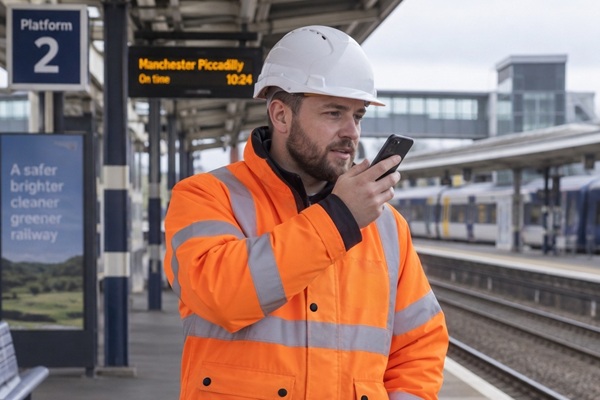 Man wearing PPE on station platform speaking into phone