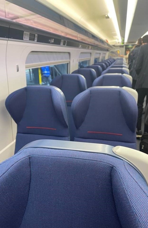 Passenger seats and the interior of a Lumo train