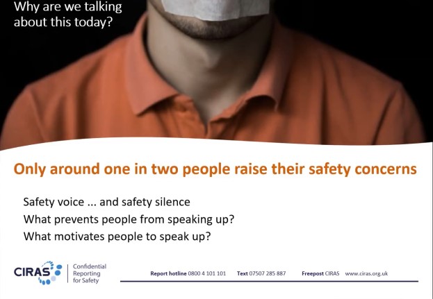 Slide from CIRAS speak-up culture event saying only one in two people raise their concerns