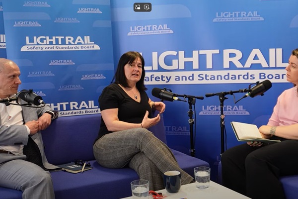 Sue Gray sitting as a guest on LRSSB light rail podcast with Carly Swift and Craig O'Brien of LRSSB