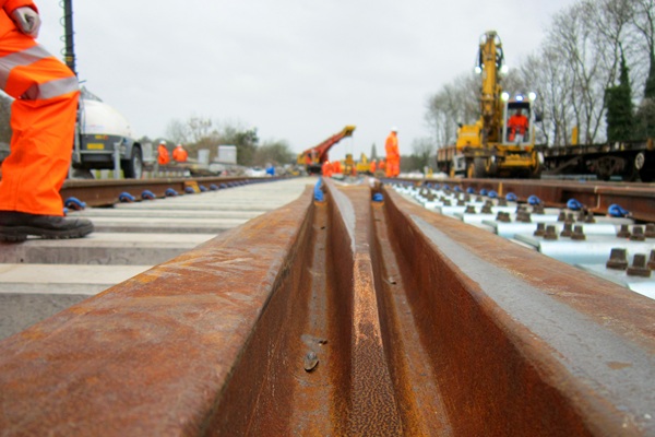 Workers working on railway track in Britain