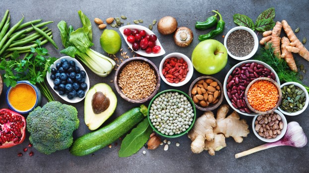 Colourful spread of foods for healthy eating and nutrition