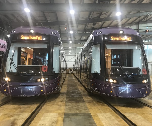 Two Blackpool trams side by side
