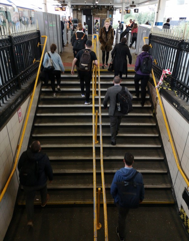 Stairs leading to the subway between platforms at Finsbury Park